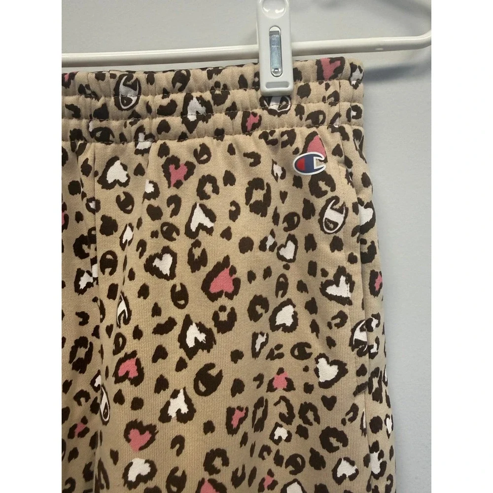Champion Girls Leopard Heart Print Fleece Joggers Tan Pink Size S 7/8 Kids